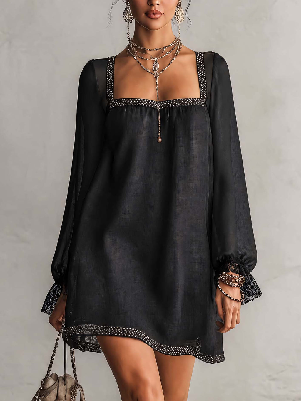 Black Rhinestone Trim Square Neck Lace Cuff Mini Dress