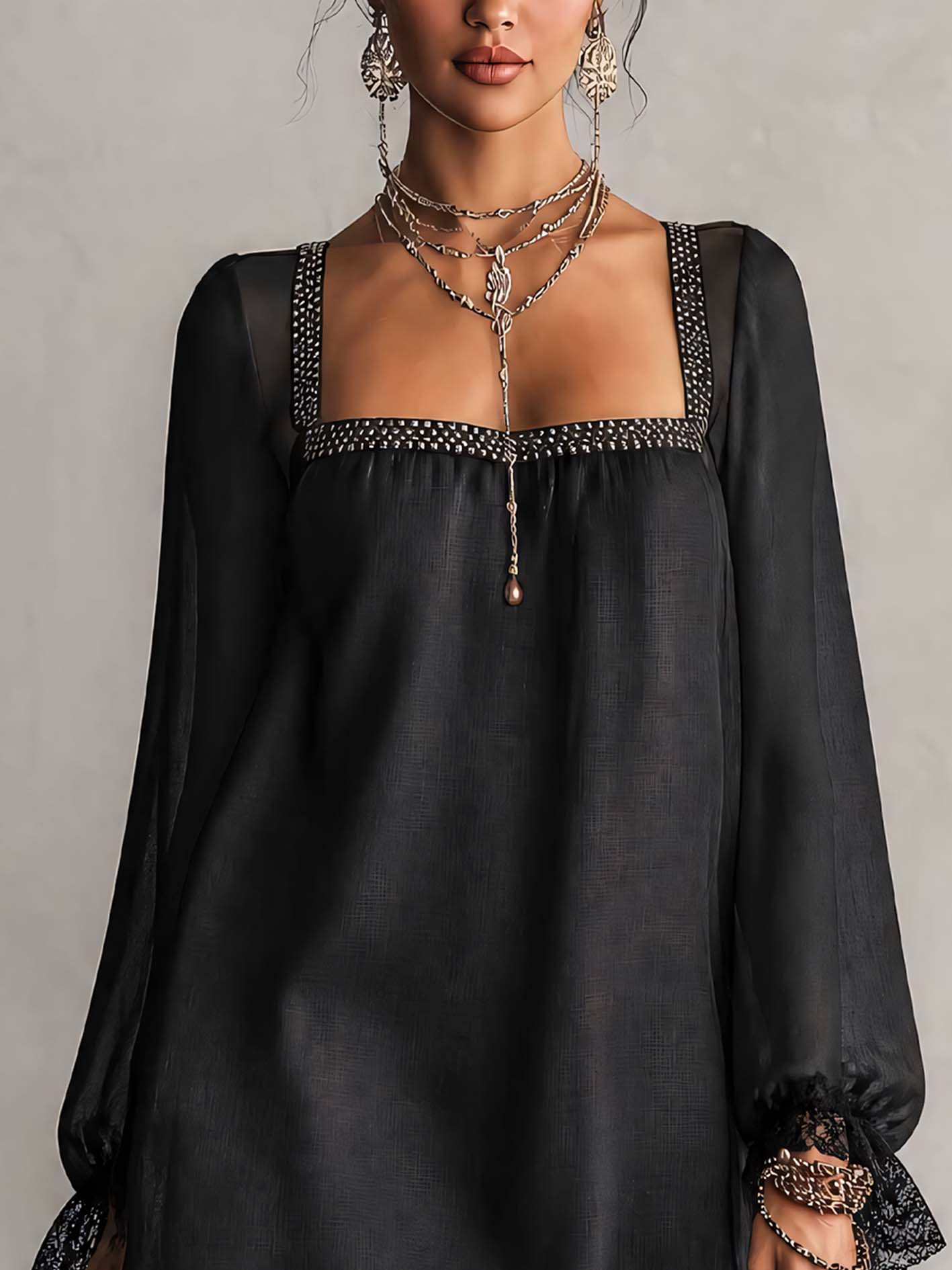 Black Rhinestone Trim Square Neck Lace Cuff Mini Dress