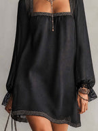 Black Rhinestone Trim Square Neck Lace Cuff Mini Dress