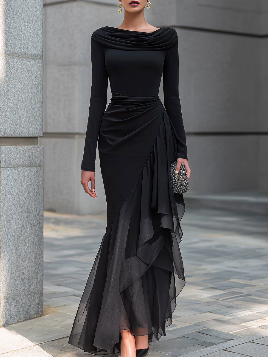 Black Draped Off Shoulder Cowl Neck Long Sleeve Chiffon Ruffle Mermaid Maxi Dress
