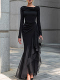Black Draped Off Shoulder Cowl Neck Long Sleeve Chiffon Ruffle Mermaid Maxi Dress