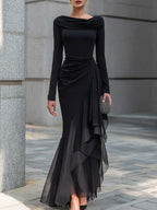 Black Draped Off Shoulder Cowl Neck Long Sleeve Chiffon Ruffle Mermaid Maxi Dress