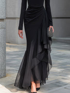Black Draped Off Shoulder Cowl Neck Long Sleeve Chiffon Ruffle Mermaid Maxi Dress