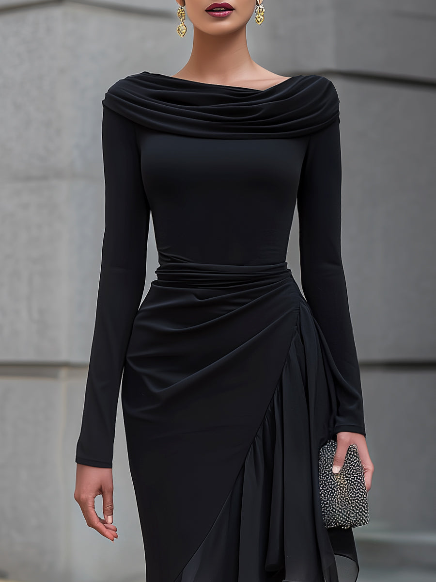 Black Draped Off Shoulder Cowl Neck Long Sleeve Chiffon Ruffle Mermaid Maxi Dress