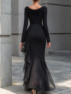 Black Draped Off Shoulder Cowl Neck Long Sleeve Chiffon Ruffle Mermaid Maxi Dress