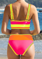 Color Contrast Patchwork Nylon Sporty 3 Piece Bikini Sets