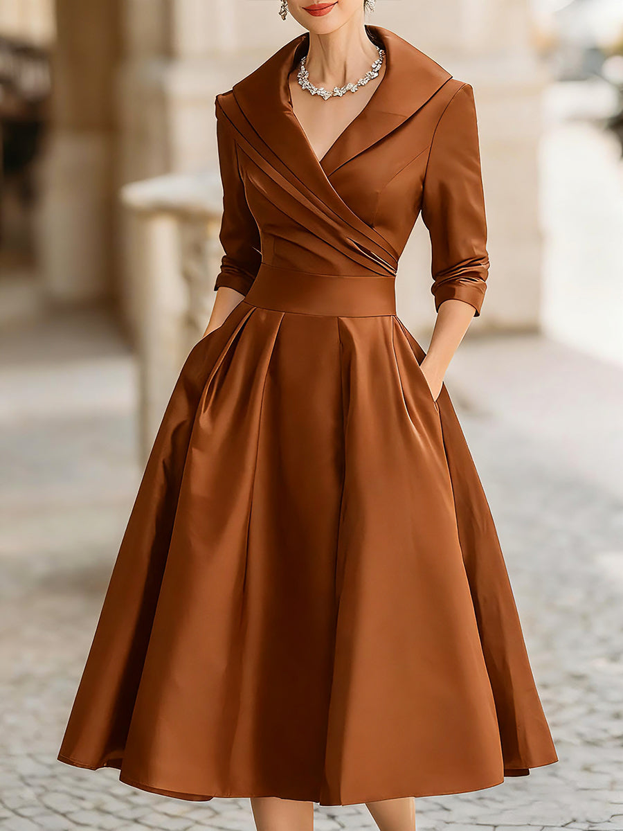 Elegant Black Satin Pleated V-neck A-line Midi Dress