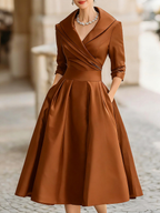 Elegant Black Satin Pleated V-neck A-line Midi Dress