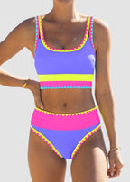 Color Contrast Patchwork Nylon Sporty 3 Piece Bikini Sets