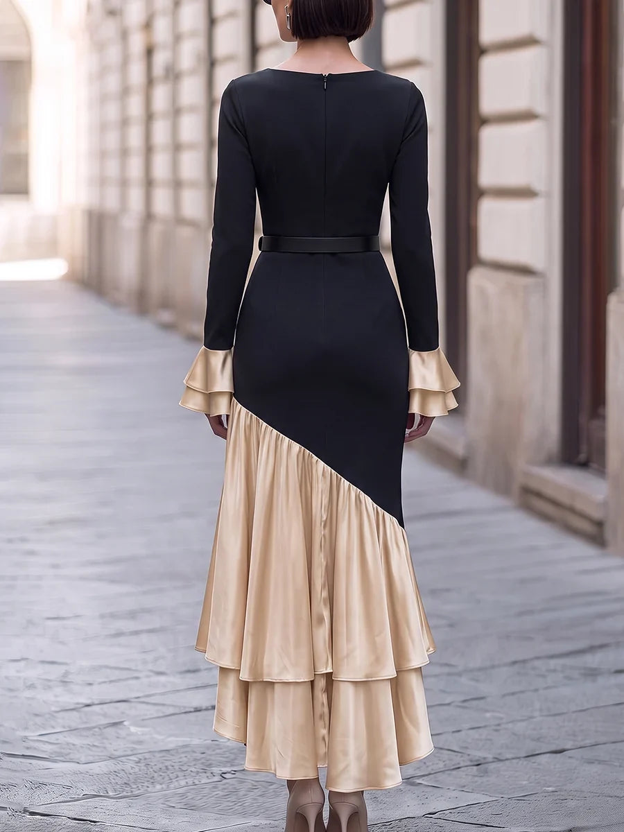 Black Champagne Color Block Mermaid Maxi Dress Long Sleeve Double Ruffle Cuff Formal Gown