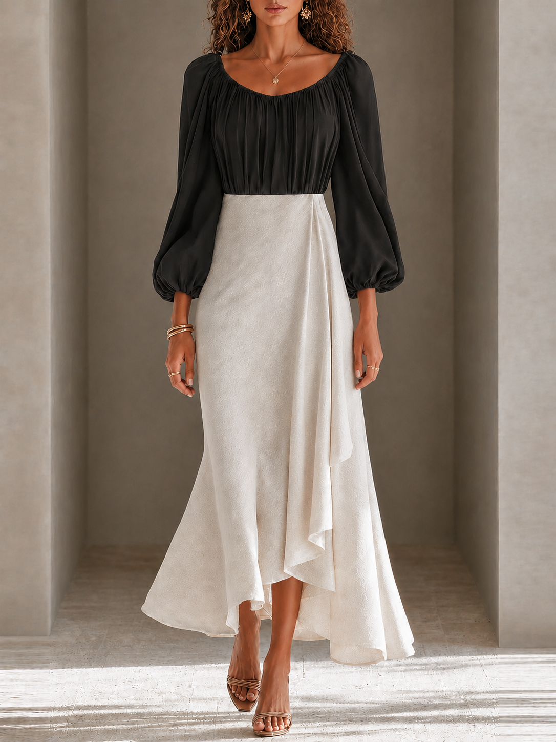 Black White Color Block Off Shoulder Balloon Sleeve Top & Skirt Two Piece Set