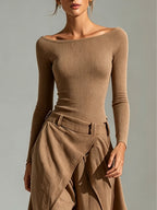 Brown Boat Neck Top and layered wide-leg trouser set