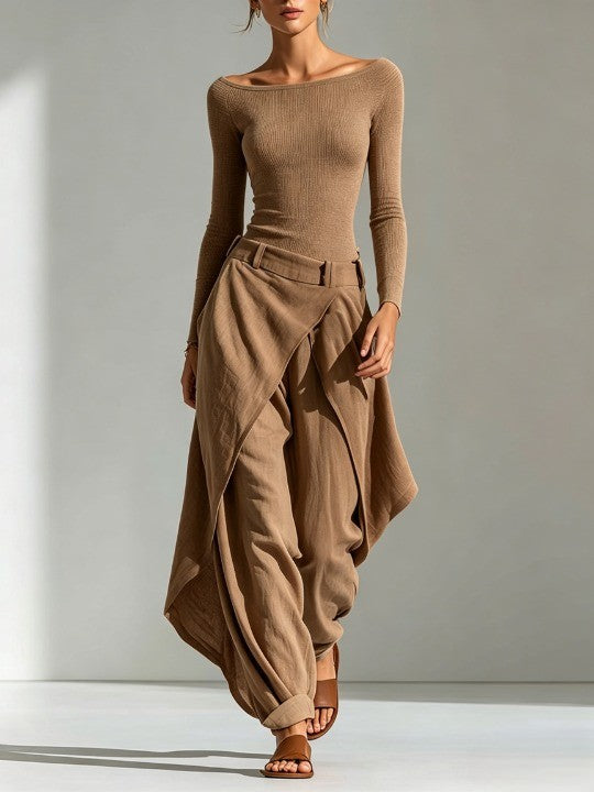 Brown Boat Neck Top and layered wide-leg trouser set