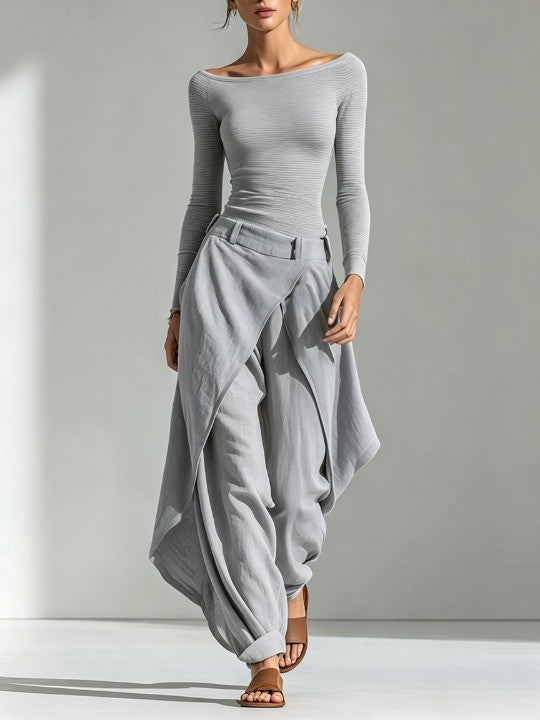 Grey Boat Neck Top and layered wide-leg trouser set