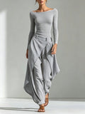 Grey Boat Neck Top and layered wide-leg trouser set