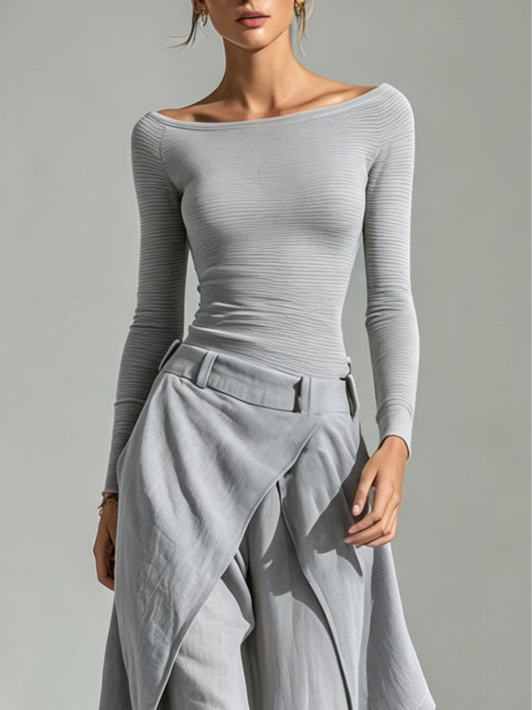 Grey Boat Neck Top and layered wide-leg trouser set