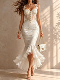 White Romantic Floral Midi Mermaid Dress with Lace Trim