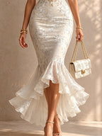 White Romantic Floral Midi Mermaid Dress with Lace Trim