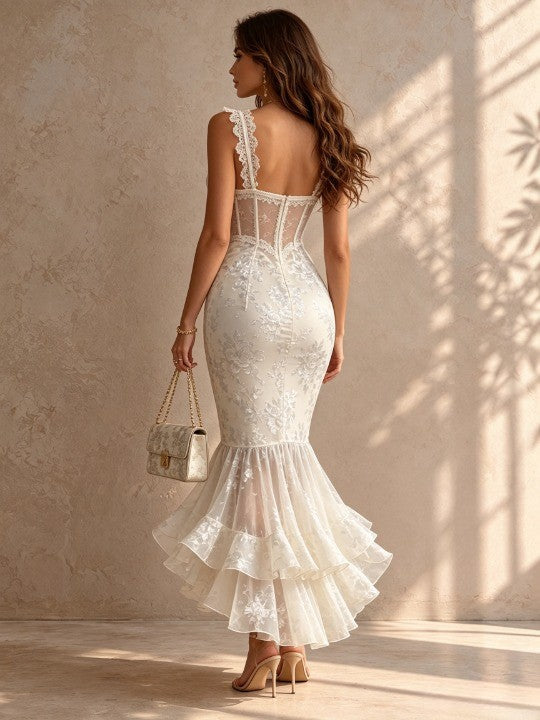 White Romantic Floral Midi Mermaid Dress with Lace Trim