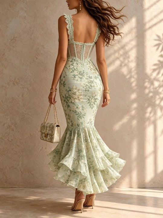 Green Romantic Floral Midi Mermaid Dress with Lace Trim