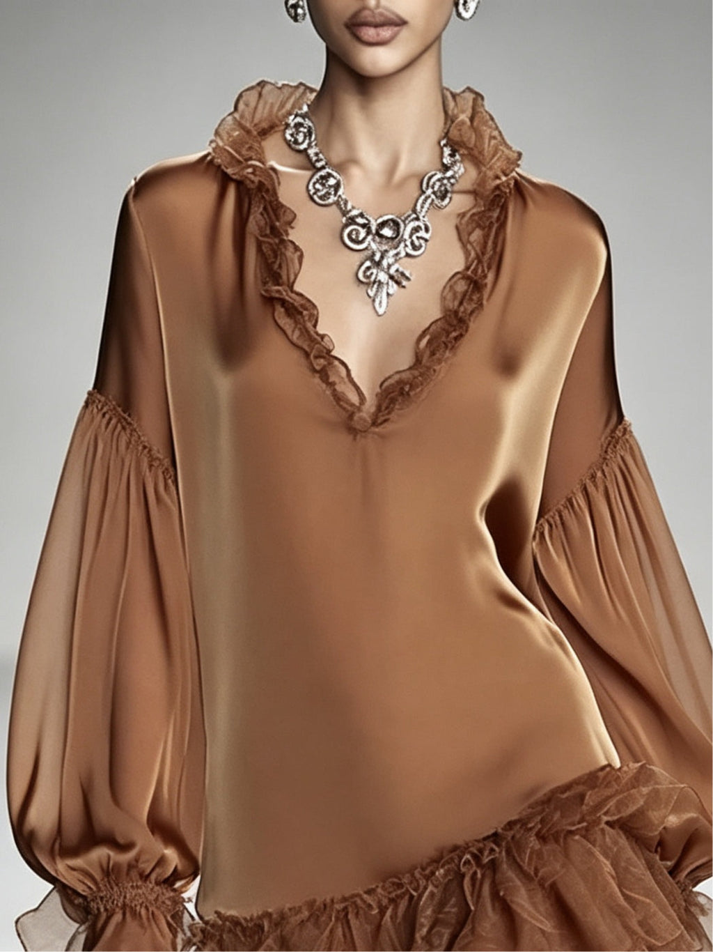 Brown satin V-neck mini dress with chiffon paneling