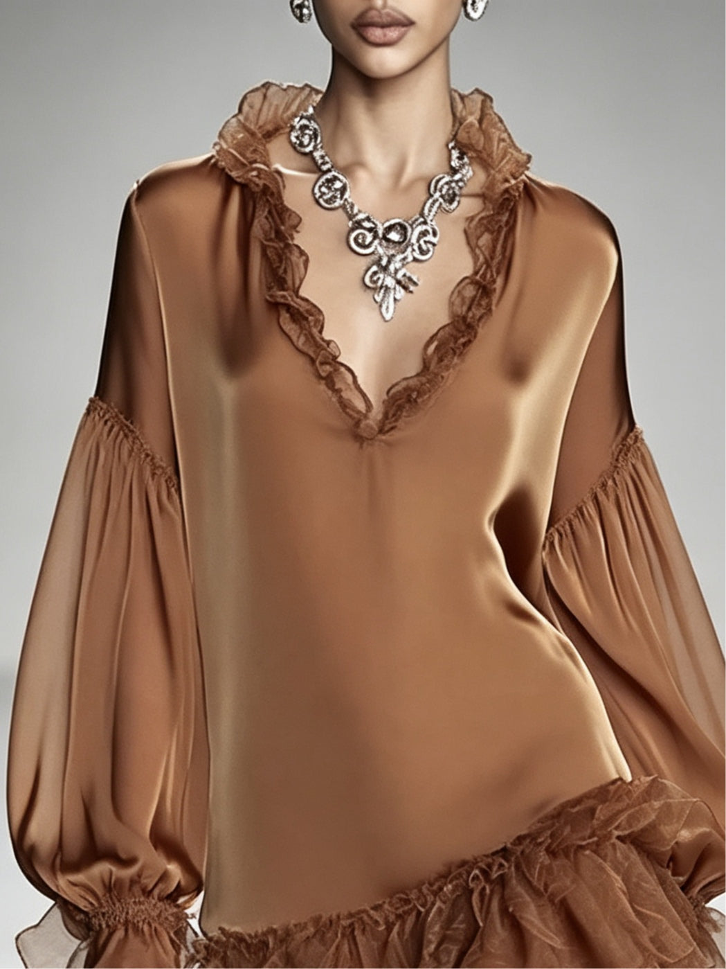 Brown satin V-neck mini dress with chiffon paneling