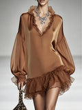 Brown satin V-neck mini dress with chiffon paneling