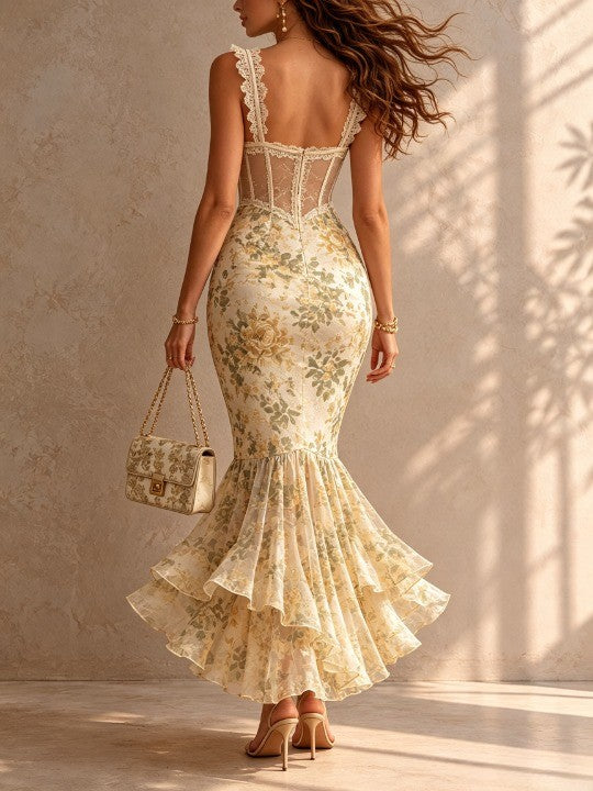 Romantic Floral Midi Mermaid Dress with Lace Trim