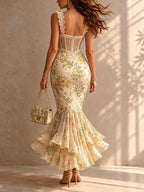 Romantic Floral Midi Mermaid Dress with Lace Trim