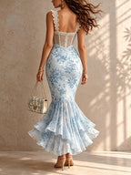 Blue Romantic Floral Midi Mermaid Dress with Lace Trim