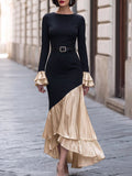 Black Champagne Color Block Mermaid Maxi Dress Long Sleeve Double Ruffle Cuff Formal Gown