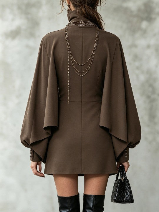 Chocolate high-neck mini dress with cape-style paneling