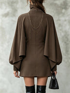 Chocolate high-neck mini dress with cape-style paneling