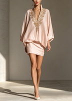 Pink V Neck Loose Elegant Mini Skirt Set
