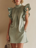 Green Satin Ruffle Butterfly Sleeve Loose Mini Dress