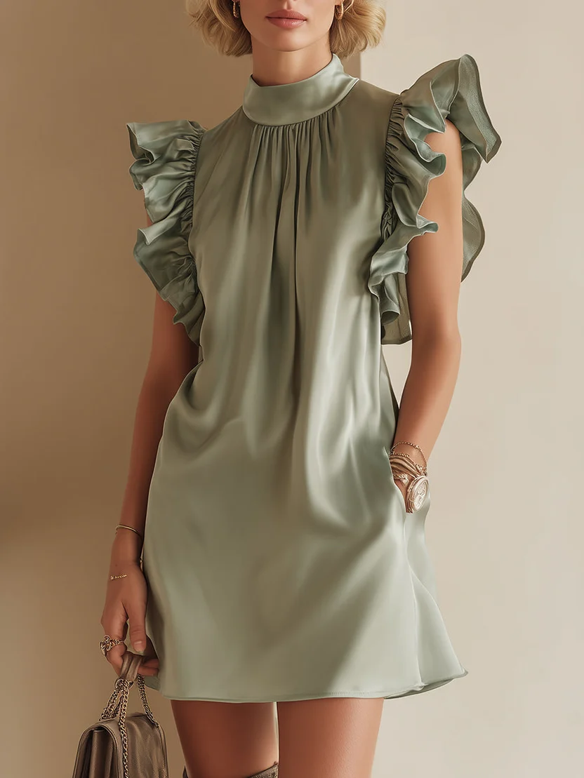 Green Satin Ruffle Butterfly Sleeve Loose Mini Dress