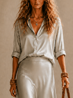 Grey Satin Button Down Shirt & High Waist Flared Midi Skirt Two Piece Set