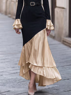 Black Champagne Color Block Mermaid Maxi Dress Long Sleeve Double Ruffle Cuff Formal Gown