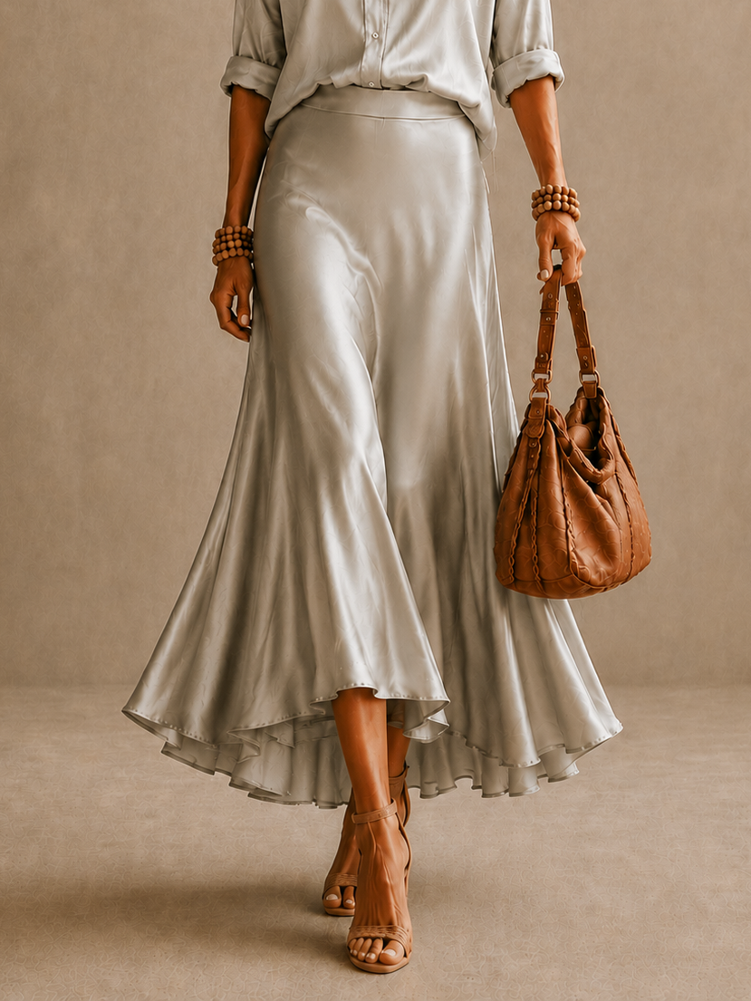 Grey Satin Button Down Shirt & High Waist Flared Midi Skirt Two Piece Set
