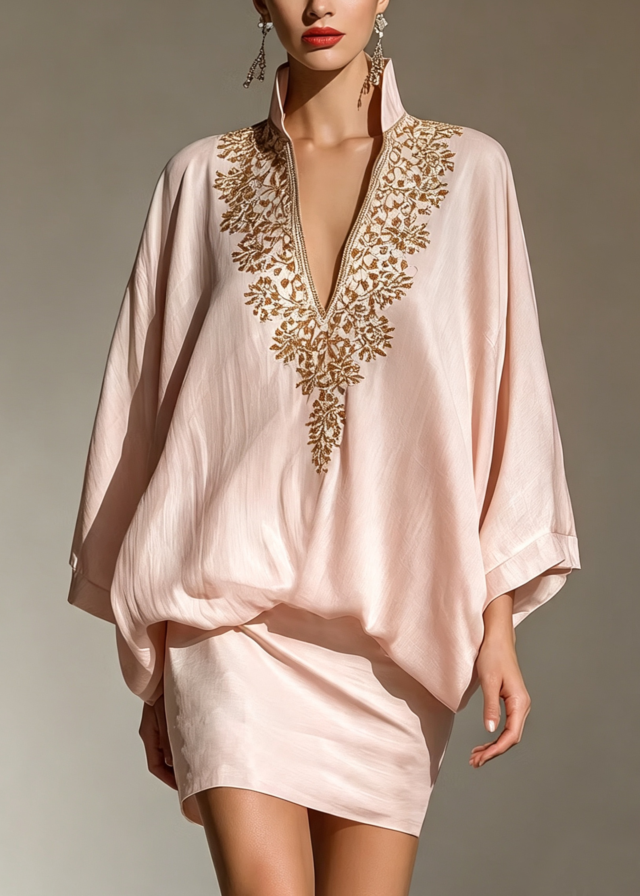 Pink V Neck Loose Elegant Mini Skirt Set