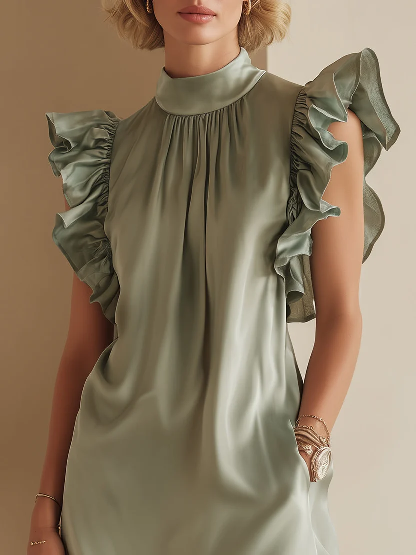 Green Satin Ruffle Butterfly Sleeve Loose Mini Dress
