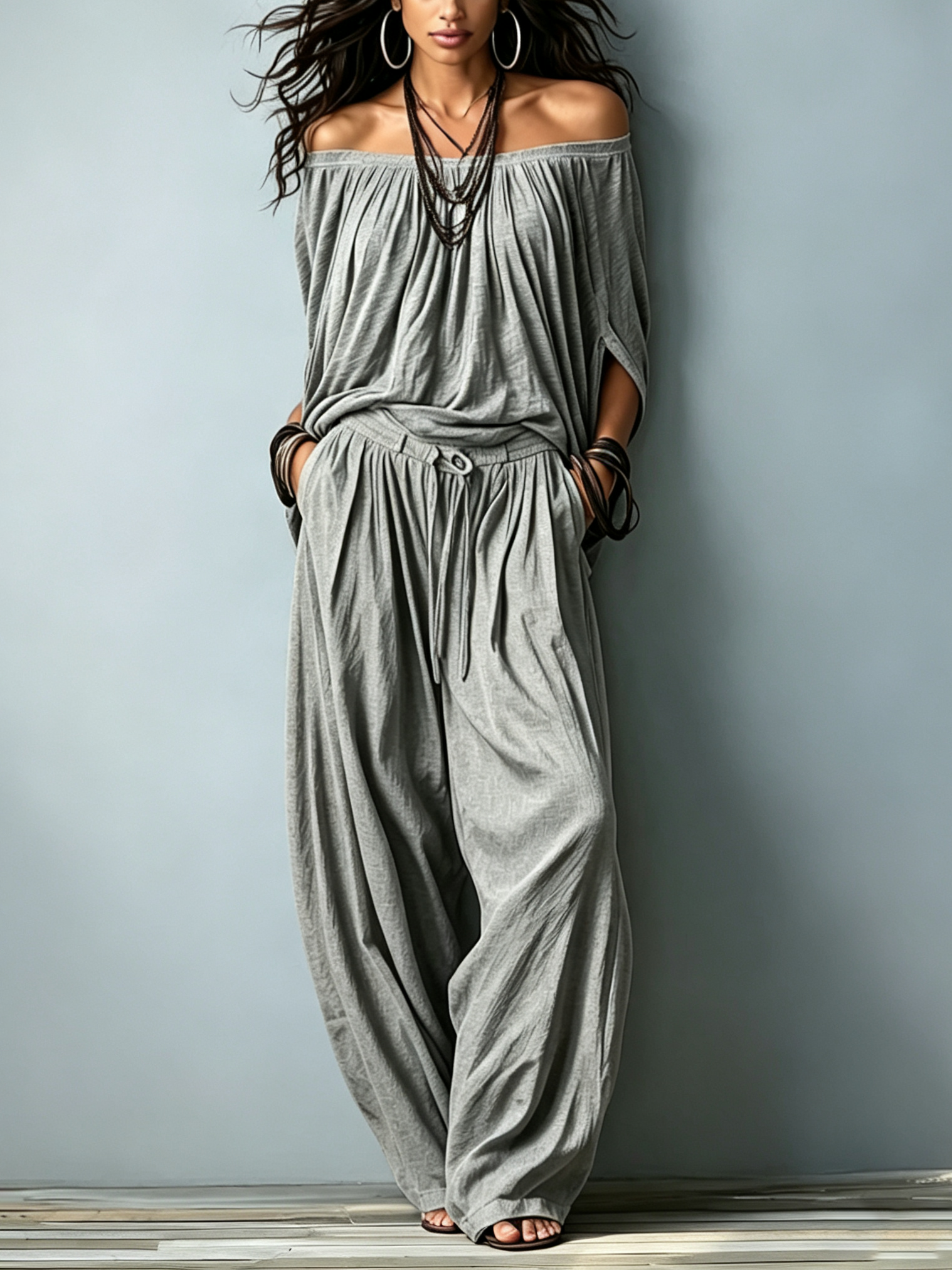 Loose Two-Piece Set Featuring An Off-Shoulder Grey Cotton Top With Three-Quarter Sleeves And Matching Trousers
