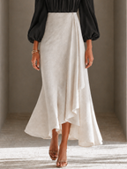 Black White Color Block Off Shoulder Balloon Sleeve Top & Skirt Two Piece Set