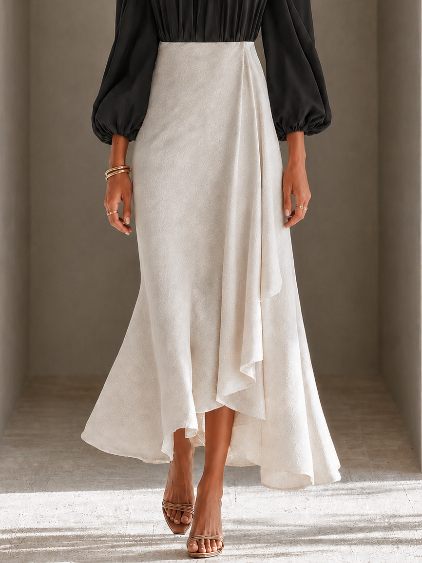 Black White Color Block Off Shoulder Balloon Sleeve Top & Skirt Two Piece Set