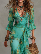 Grass Green Chiffon Irregular Ruffled Slit Maxi Dress