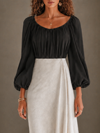 Black White Color Block Off Shoulder Balloon Sleeve Top & Skirt Two Piece Set