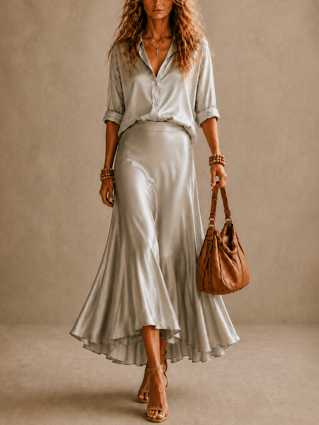 Grey Satin Button Down Shirt & High Waist Flared Midi Skirt Two Piece Set