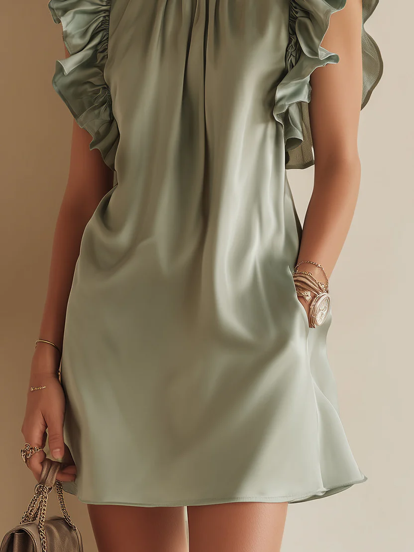 Green Satin Ruffle Butterfly Sleeve Loose Mini Dress