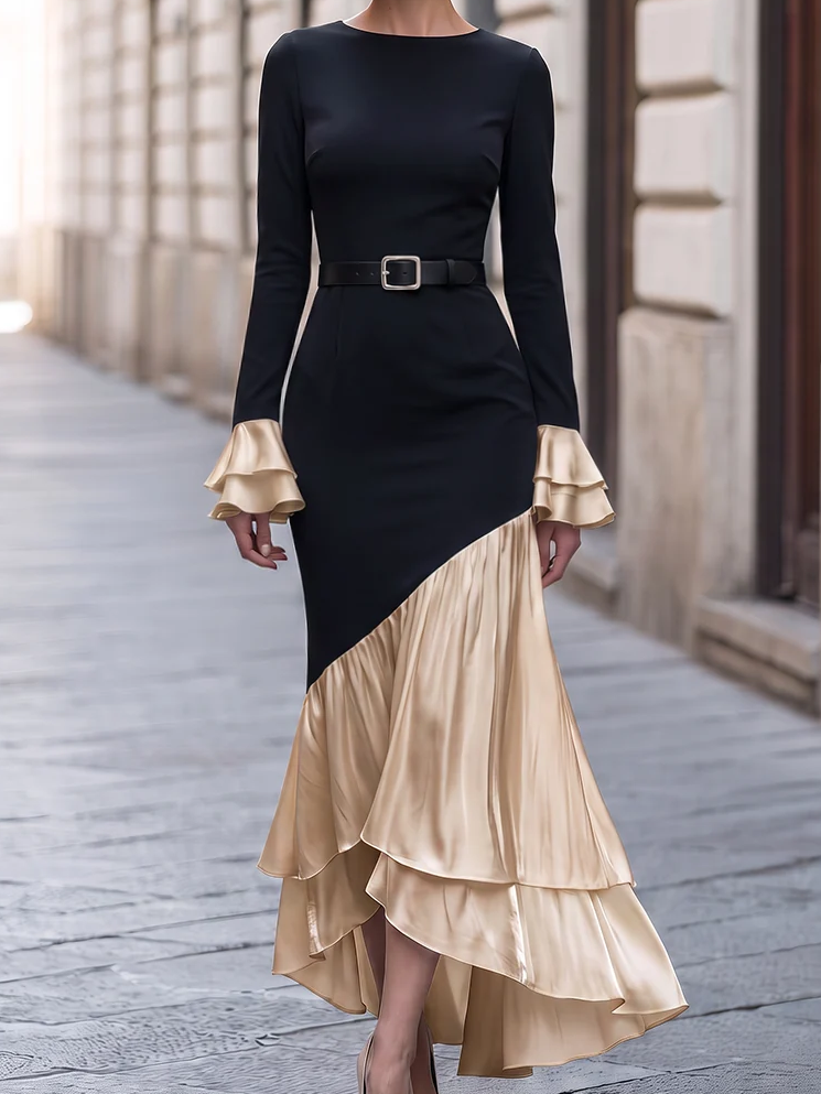 Black Champagne Color Block Mermaid Maxi Dress Long Sleeve Double Ruffle Cuff Formal Gown