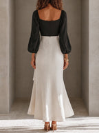 Black White Color Block Off Shoulder Balloon Sleeve Top & Skirt Two Piece Set